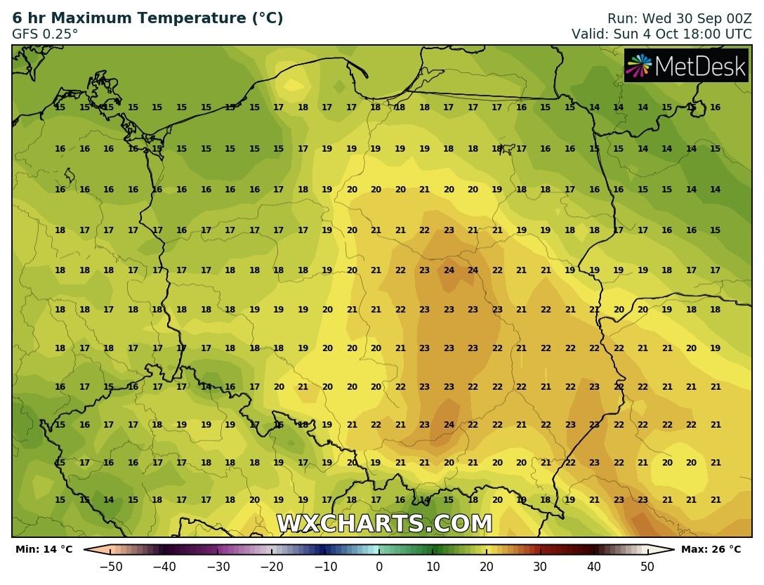 Prognozowana temperatura maksymalna w niedzielę 4 października 2020 r. wg modelu GFS.