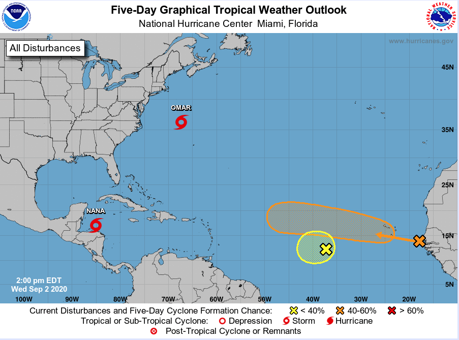 Prognozowana sytuacja w basenie Oceanu Atlantyckiego na najbliższe 5 dni. Sezon huraganów w pełni. 