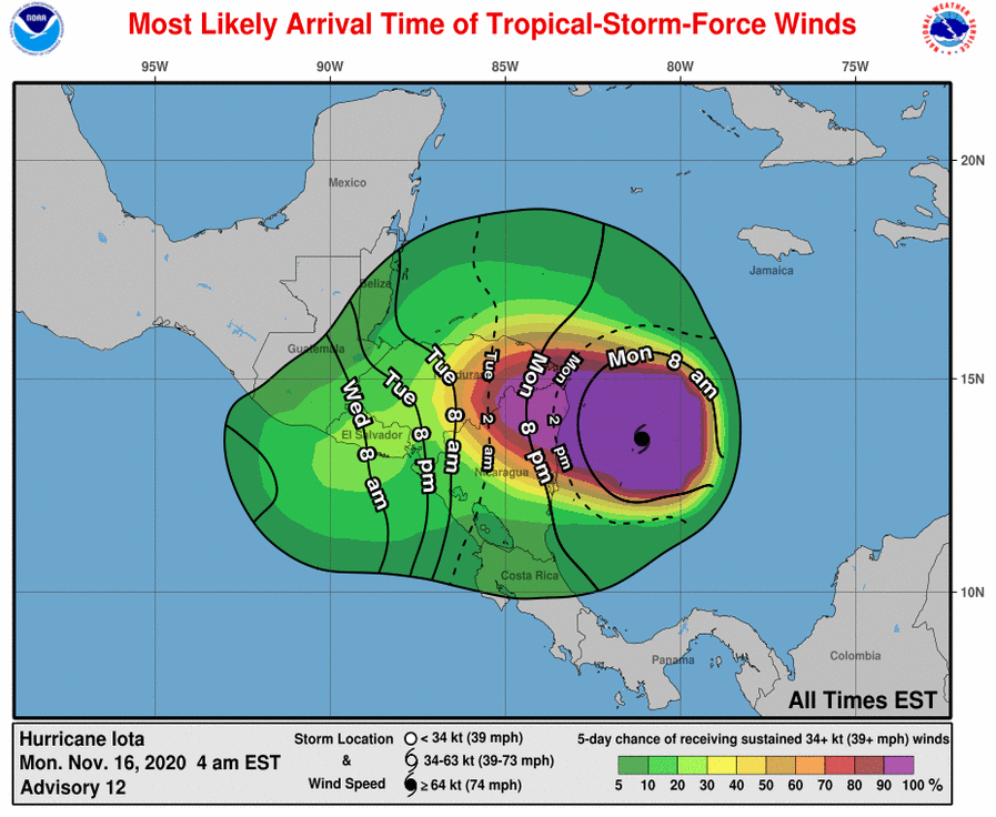 Prognoza siły wiatru wraz z czasem uderzenia huraganu Iota. Źródło: NHC