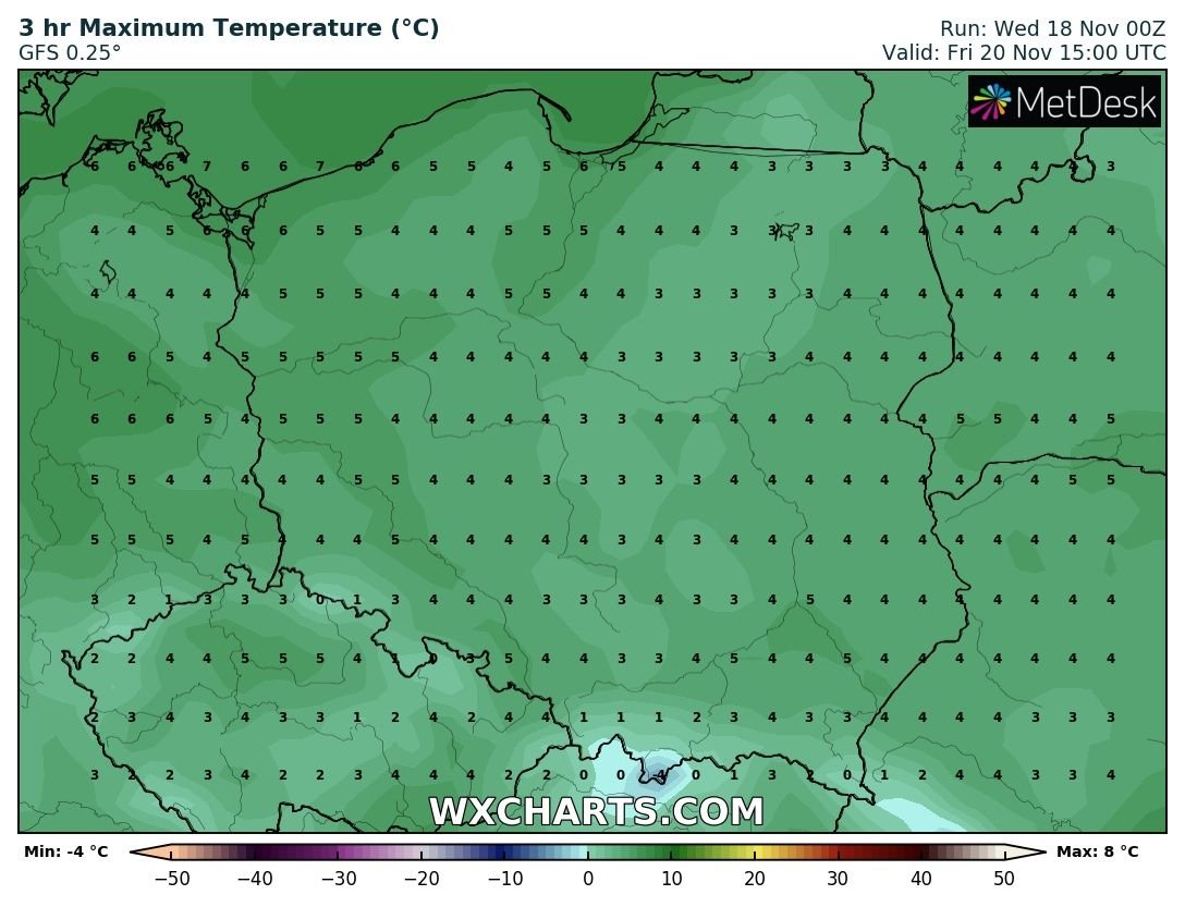 Prognozowana temperatura maksymalna w piątek, 20 listopada 2020. Model: GFS