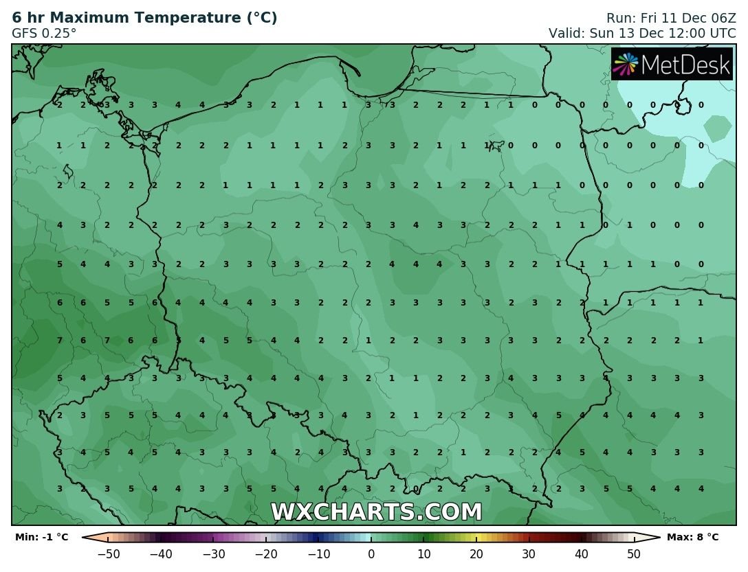 Prognozowana temperatura maksymalna w niedzielę 13 grudnia 2020 r. Model: GFS