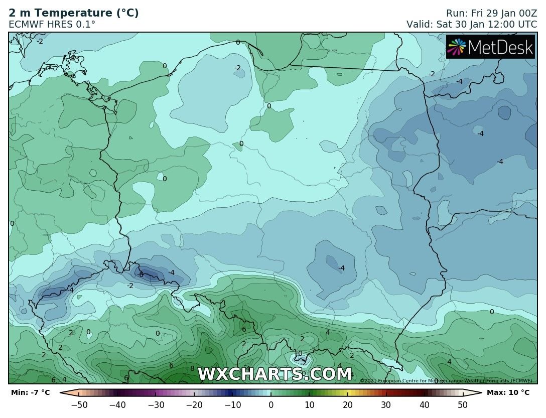 Prognozowana temperatura maksymalna w sobotę, 30 stycznia 2021 r. Model: ECMWF