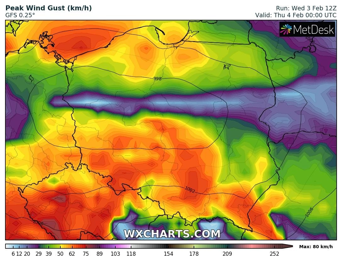 Prognozowane porywy wiatru w nocy z środy (3.02) na czwartek (4.02). Model: GFS