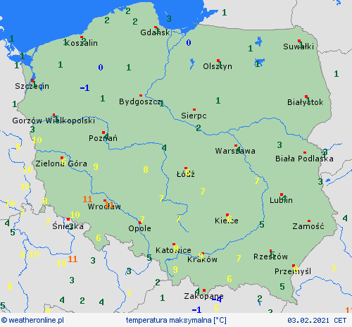 Maksymalne temperatury w Polsce w środę, 3 lutego 2021. źródło: weatheronline.pl