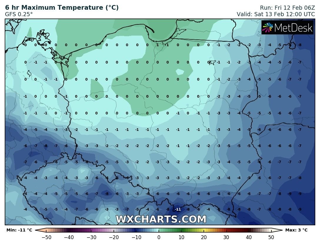 Prognozowana temperatura maksymalna w piątek, 13 lutego 2021 r. Model: GFS