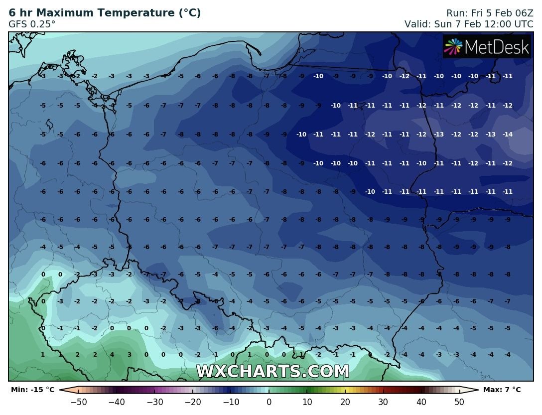 Prognozowana temperatura maksymalna w niedzielę, 7 lutego 2021 r. Model: GFS