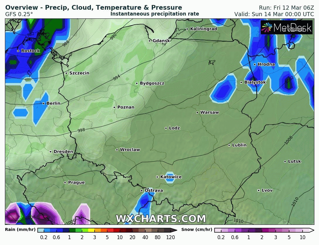 Prognozowane położenie chmur i opadów w niedzielę, 14 marca 2021 r. Model: GFS