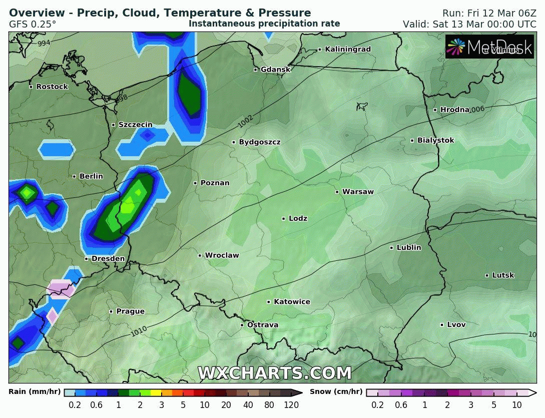 Prognozowane położenie chmur i opadów w sobotę, 13 marca 2021 r. Model: GFS