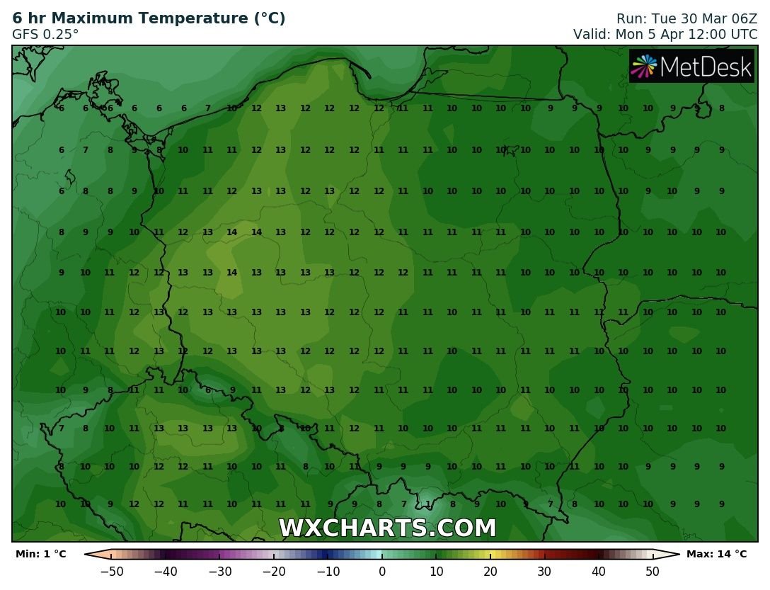 Prognozowana temperatura maksymalna w Lany Poniedziałek (5.04.2021). Stan na wtorek, 30.03.2021. Model: GFS