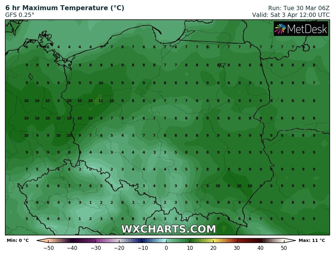 Prognozowana temperatura maksymalna w Wielką Sobotę (3.04.2021). Stan na wtorek, 30.03.2021. Model: GFS