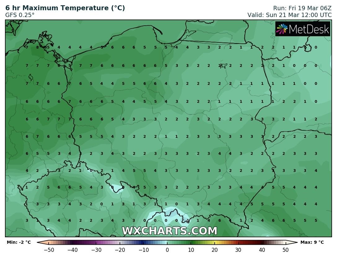 Prognozowana temperatura maksymalna w sobotę, 21.03.2021 r. Model: GFS