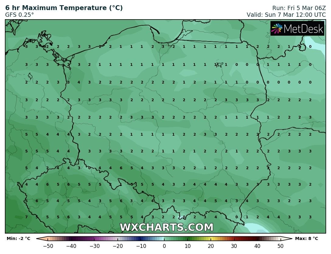 Prognozowana temperatura maksymalna w niedzielę, 7 marca 2021 r. Model: GFS