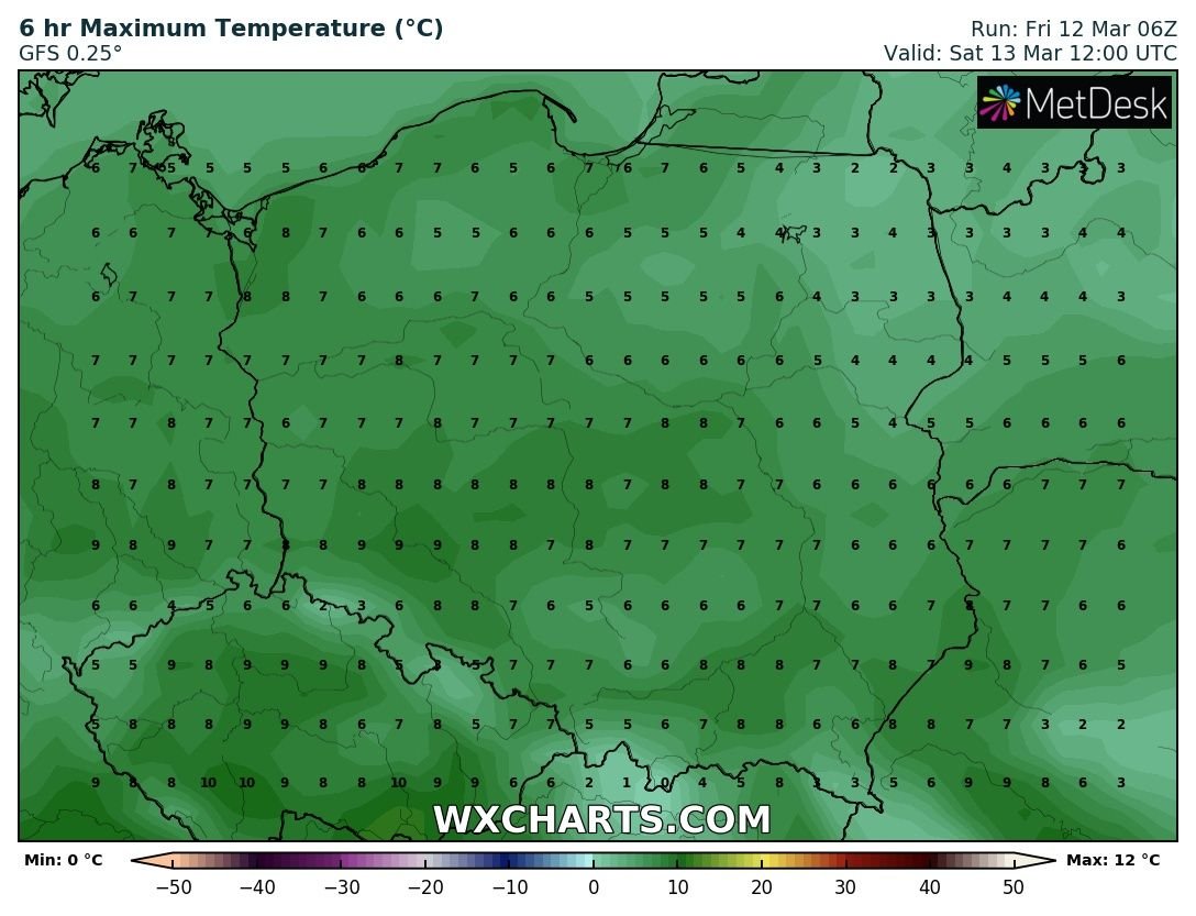 Prognozowana temperatura maksymalna w sobotę, 13 marca 2021 r. Model: GFS