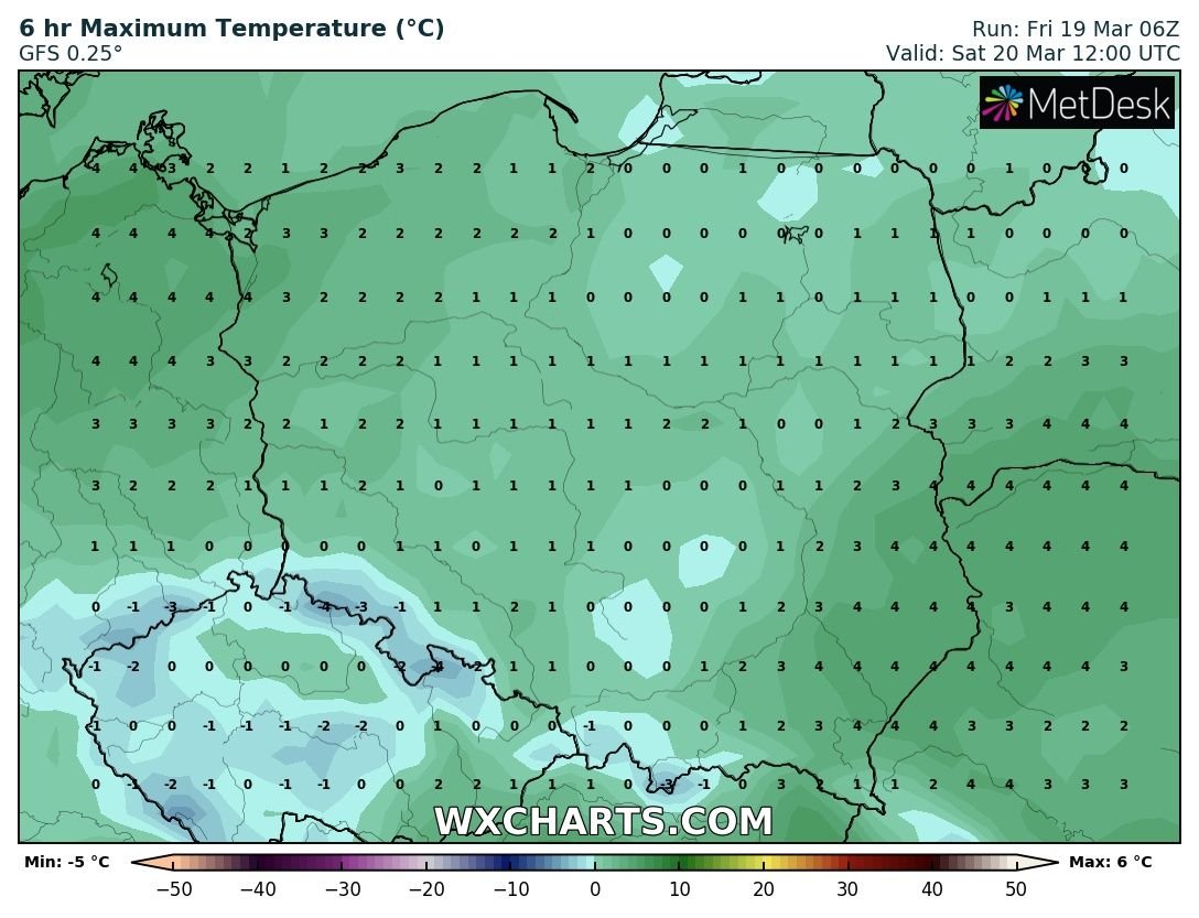Prognozowana temperatura maksymalna w sobotę, 20.03.2021 r. Model: GFS