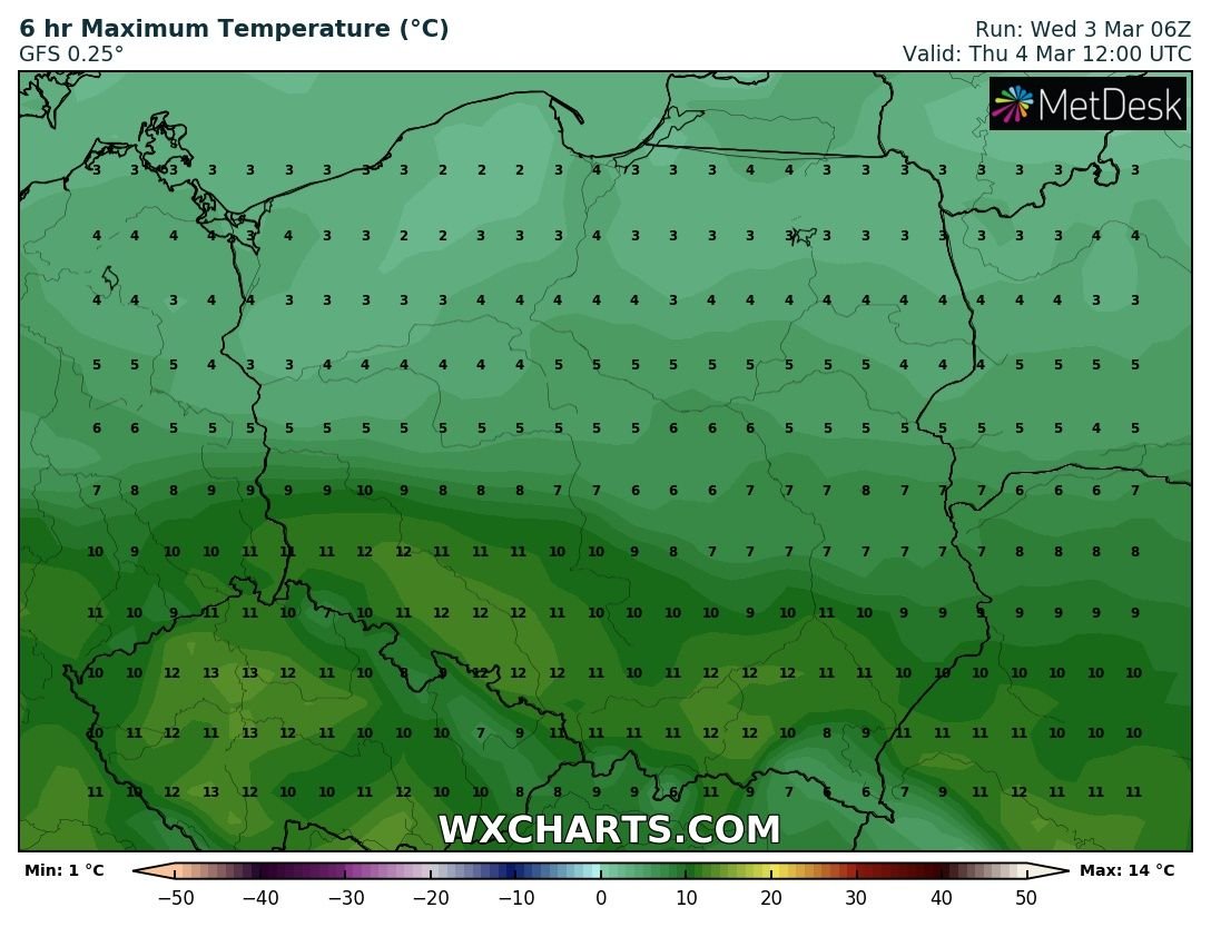 Prognozowana temperatura maksymalna w czwartek, 4 marca 2021 r. Model: GFS