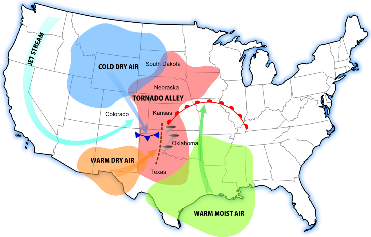Schemat aleii tornad opracowany na podstawie występowania co najmniej jednego tornada na dekadę. Źródło: wikipedia