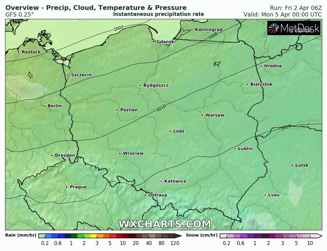 Prognozowane położenie chmur i opadów w Lany Poniedziałek, 6.04.2021 r. Model: GFS