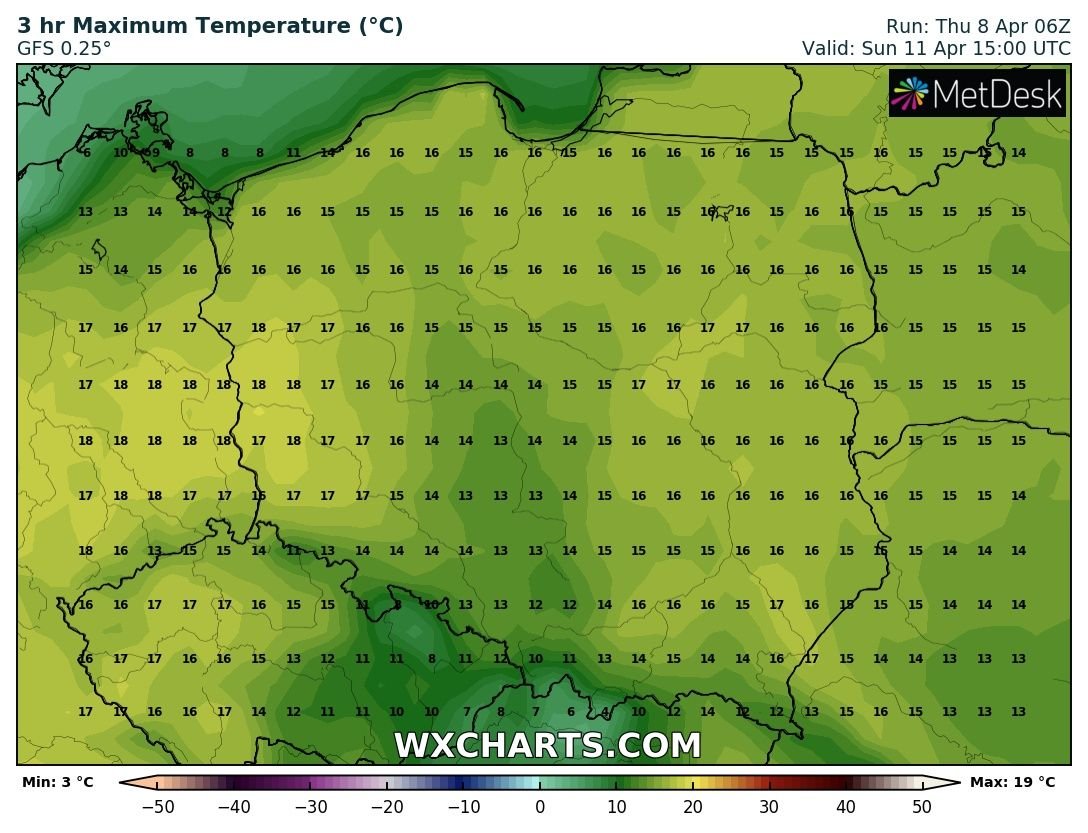 Prognozowana temperatura maksymalna w niedzielę, 11.04.2021 r. Model: GFS