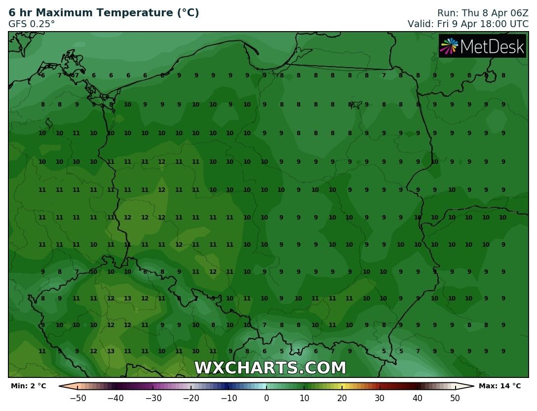 Prognozowana temperatura maksymalna w piątek, 9.04.2021 r. Model: GFS