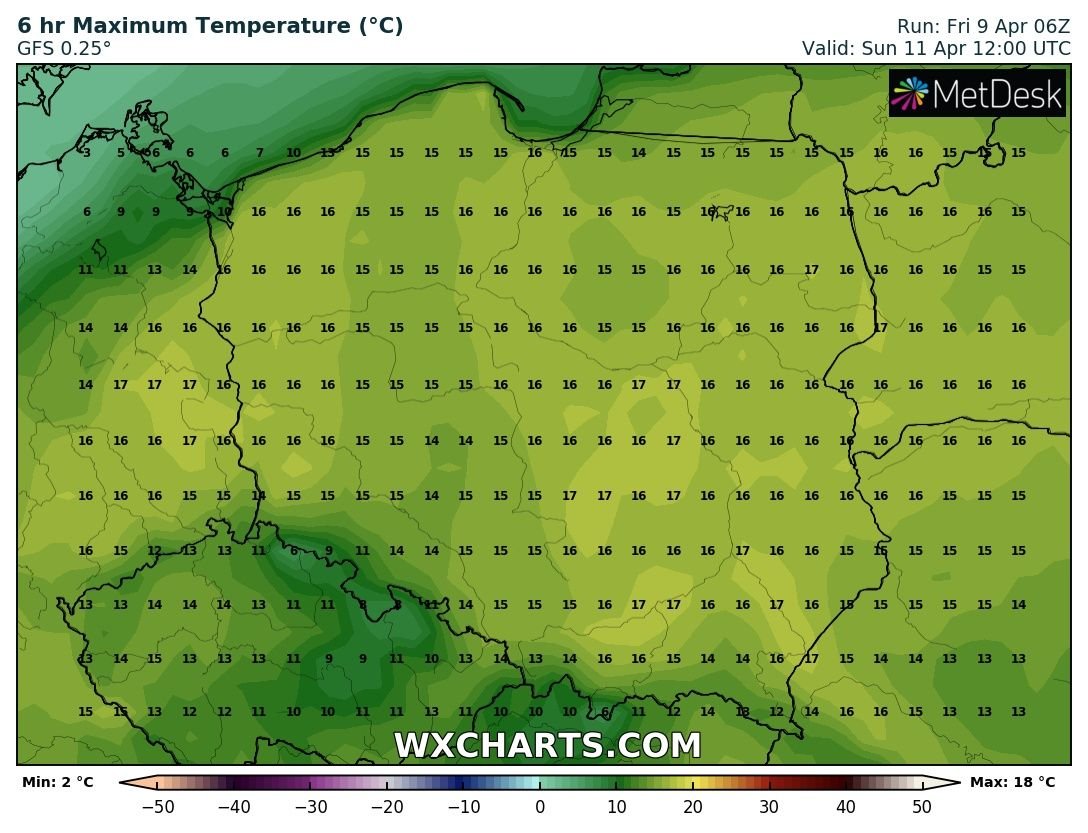 Prognozowana temperatura maksymalna w niedzielę, 11.04.2021 r. Model: GFS ciepłe dni