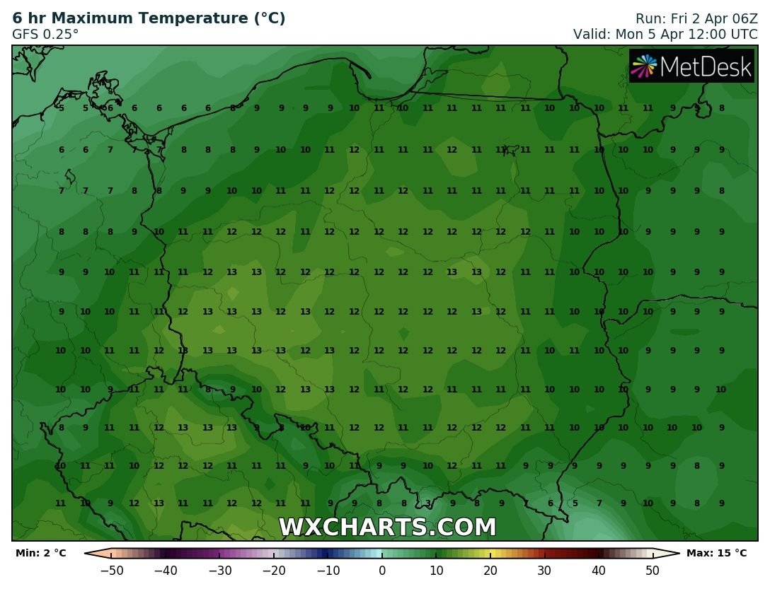 Prognozowana temperatura maksymalna w Lany Poniedziałek, 5.04.2021 r. Model: GFS