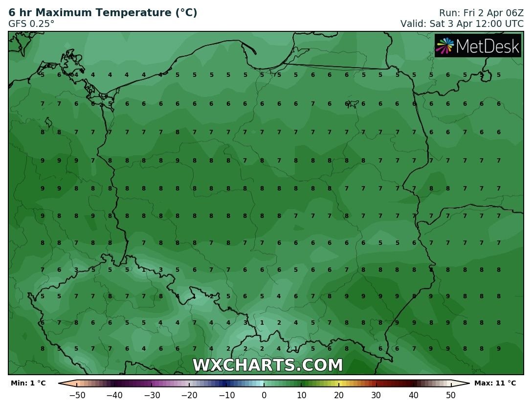Prognozowana temperatura maksymalna w Wielką Sobotę, 3.04.2021 r. Model: GFS