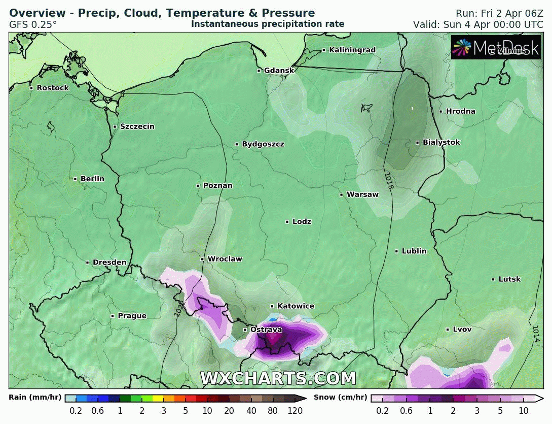 Prognozowane położenie chmur i opadów w Niedzielę Wielkanocną, 5.04.2021 r. Model: GFS