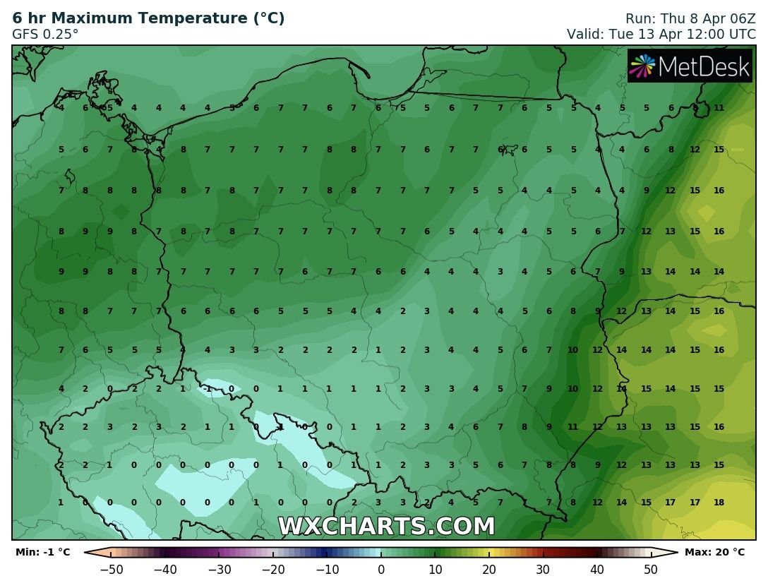 Prognozowana temperatura maksymalna we wtorek, 13.04.2021 r. Model: GFS