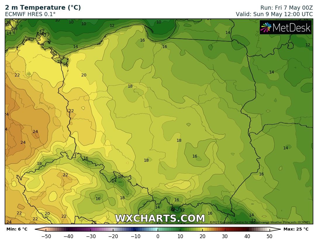 Prognozowana temperatura maksymalna w niedzielę, 9 maja 2021 r. Model: ECMWF