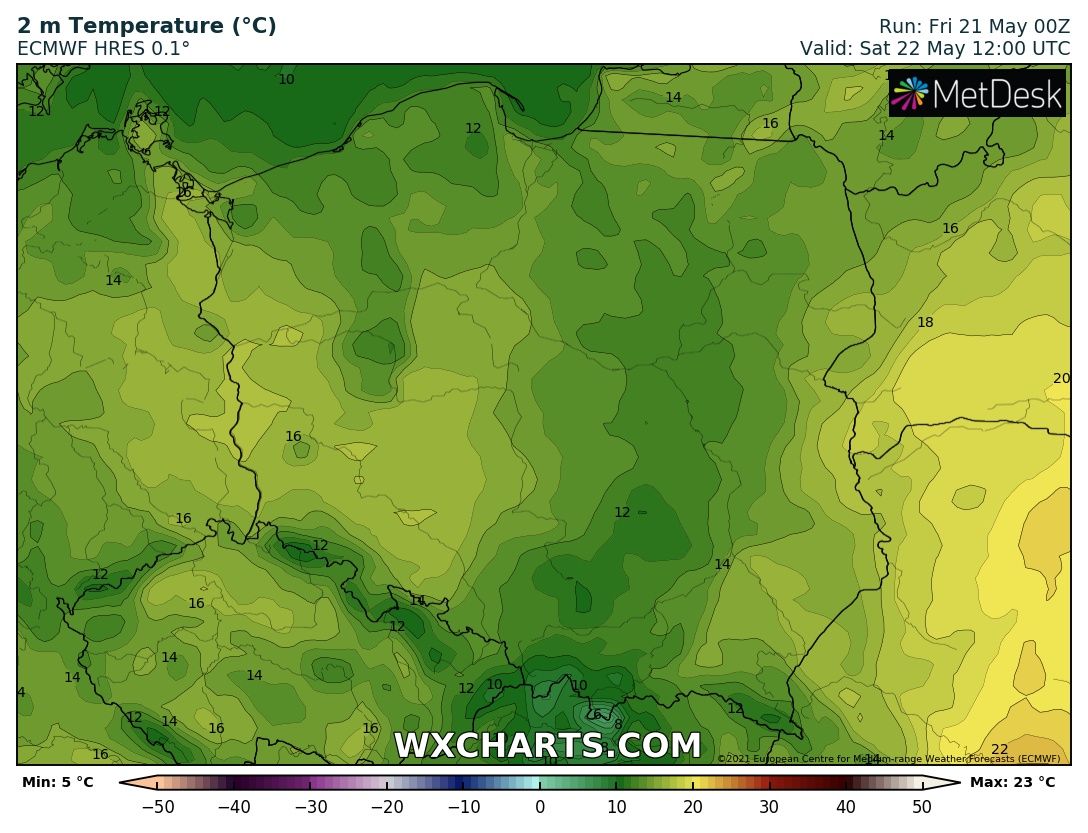 Prognozowana temperatura maksymalna w sobotę, 22 maja 2021 r. Model: ECMWF