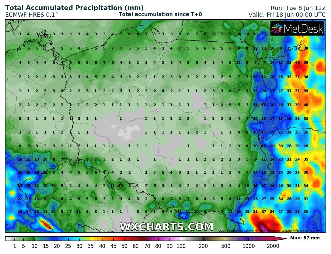 Prognozowana suma opadów deszczu do 17 czerwca 2021 r. Model: ECMWF