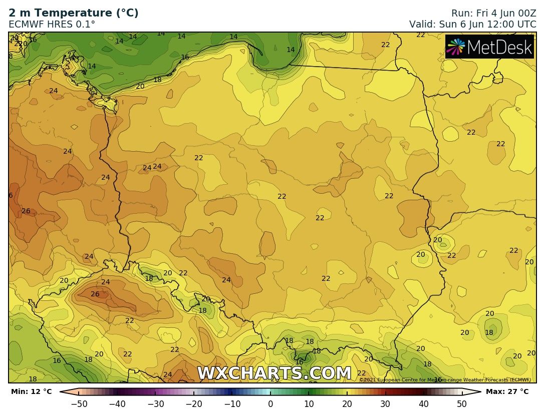 Prognozowana temperatura maksymalna w niedzielę, 6 czerwca 2021 r. Model: ECMWF