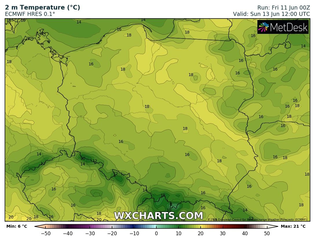 Prognozowana temperatura maksymalna w niedzielę, 13 czerwca 2021 r. Model: ECMWF