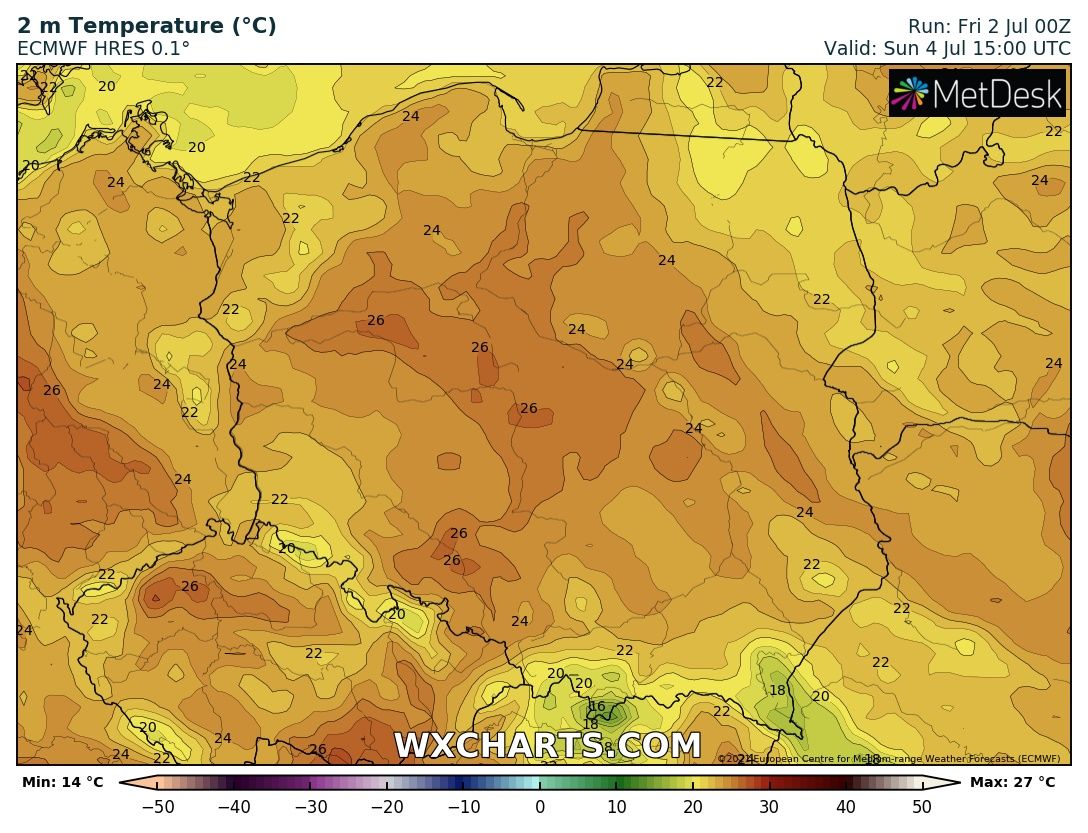 Prognozowana temperatura maksymalna w niedzielę, 4 lipca 2021 r. Model: ECMWF