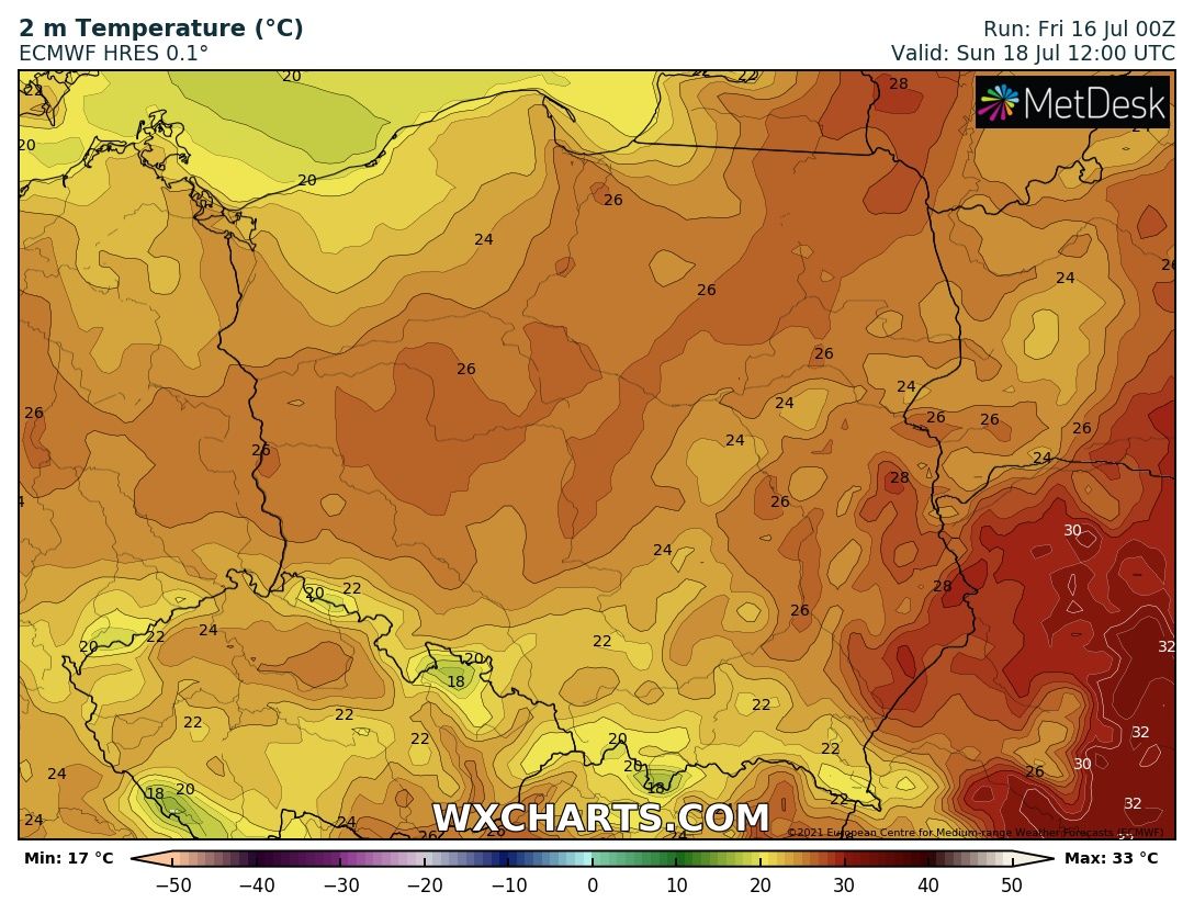 Prognozowana temperatura maksymalna w niedzielę, 11 lipca 2021 r. Model: ECMWF