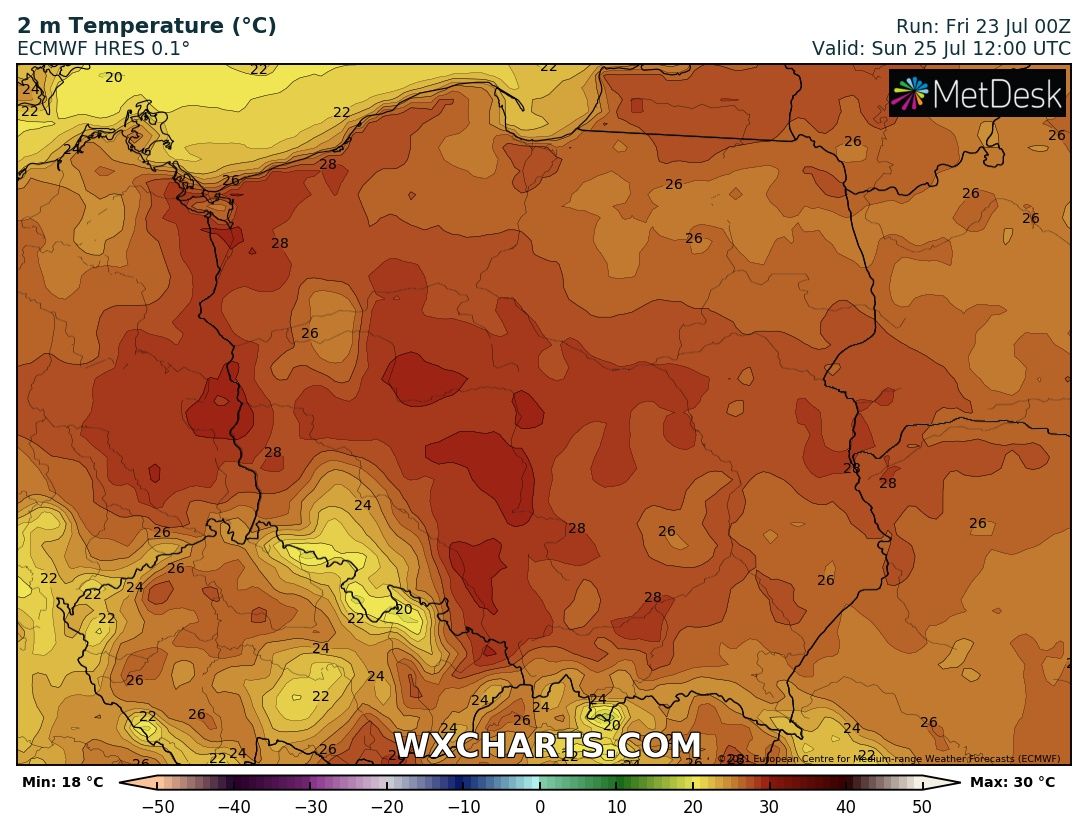Prognozowana temperatura maksymalna w niedzielę, 25 lipca 2021 r. Model: ECMWF