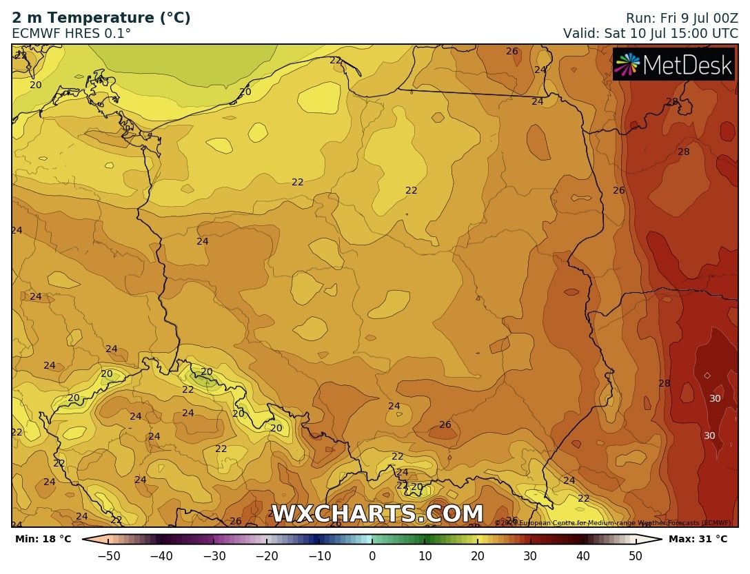 Prognozowana temperatura maksymalna w sobotę, 10 lipca 2021 r. Model: ECMWF