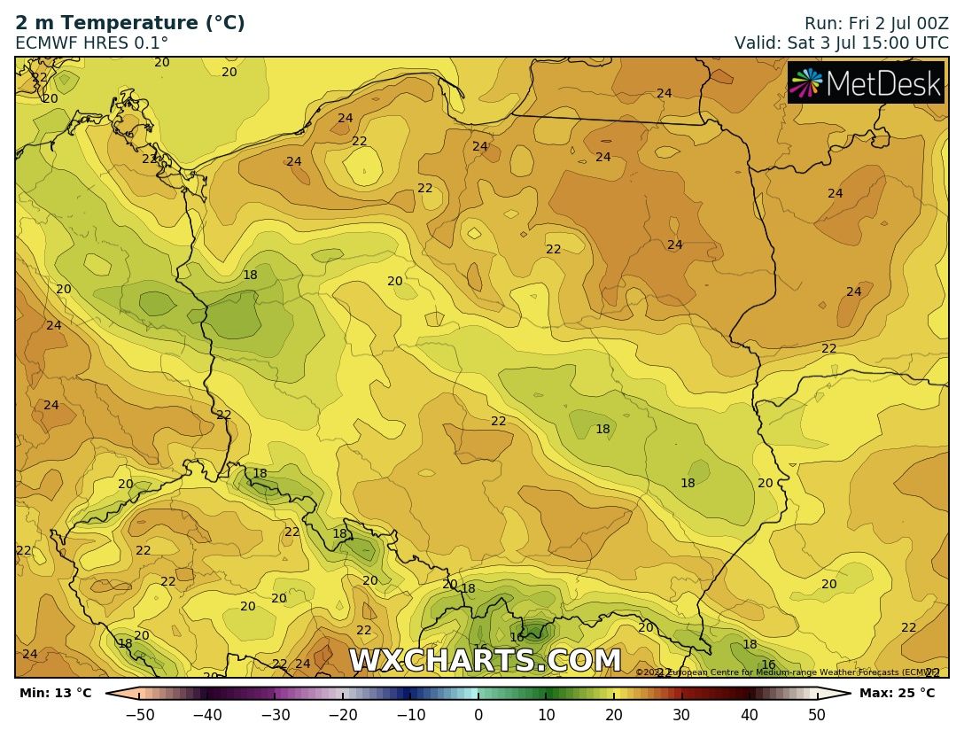Prognozowana temperatura maksymalna w sobotę, 2 lipca 2021 r. Model: ECMWF