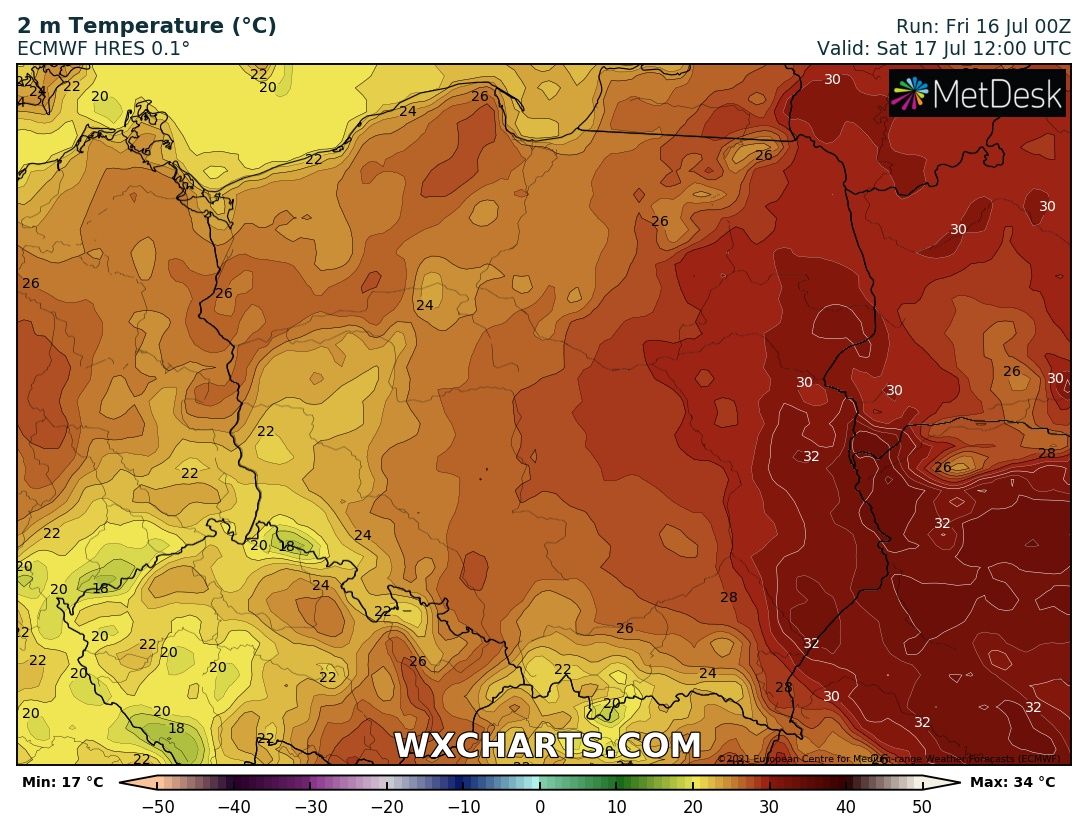 Prognozowana temperatura maksymalna w sobotę, 16 lipca 2021 r. Model: ECMWF