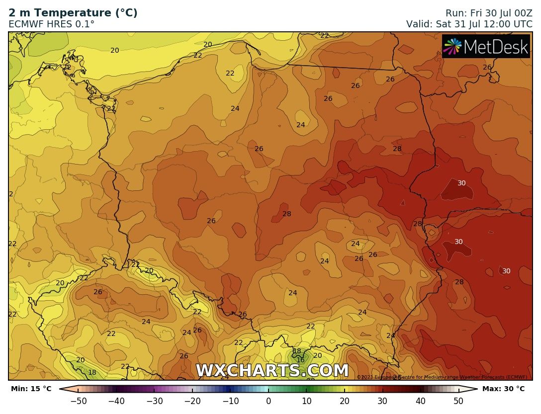 Prognozowana temperatura maksymalna w sobotę, 31 lipca 2021 r. Model: ECMWF