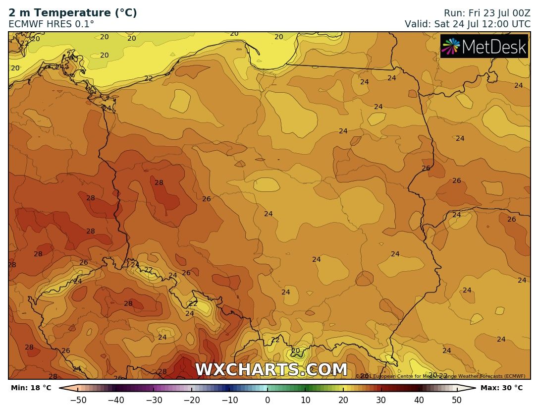 Prognozowana temperatura maksymalna w sobotę, 24 lipca 2021 r. Model: ECMWF