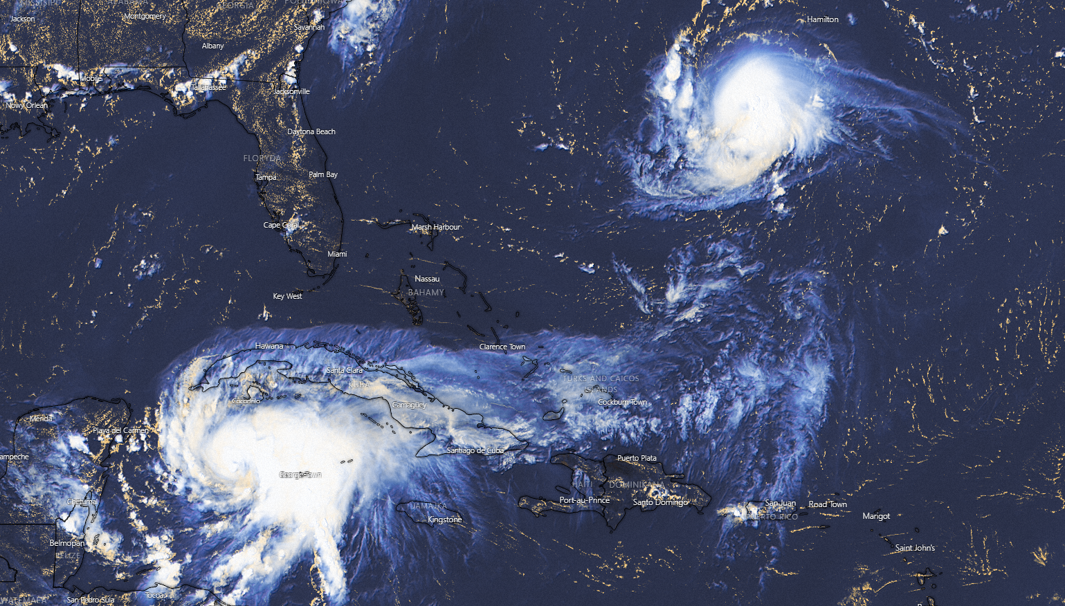 Burze tropikalne HENRI i GRACE widoczne na obrazie satelitarnym. źródło: windy.com