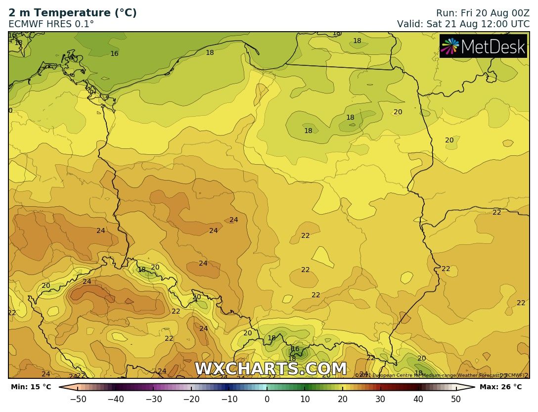 Prognozowana temperatura maksymalna w sobotę, 21 sierpnia 2021 r. Model: ECMWF