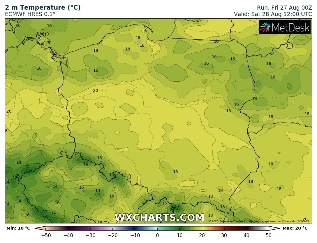 Prognozowana temperatura maksymalna w sobotę, 28 sierpnia 2021 r. Model: ECMWF