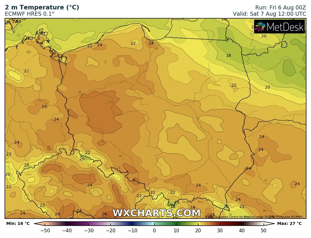 Prognozowana temperatura maksymalna w sobotę, 7 sierpnia 2021 r. Model: ECMWF