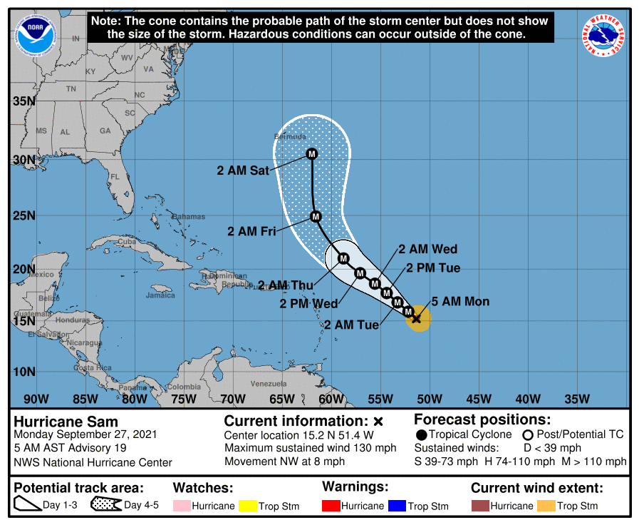 5-cio dniowa prognoza trasy huraganu SAM. Źródło: NOAA