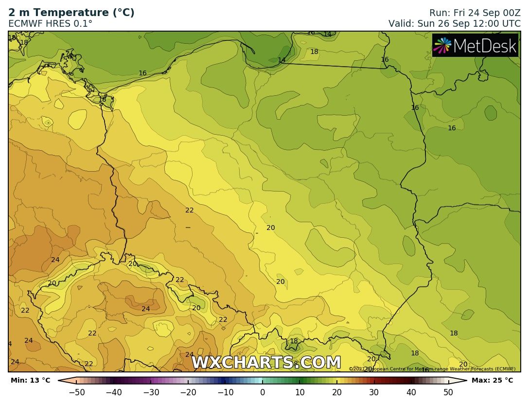 Prognozowana temperatura maksymalna w niedzielę, 26 września 2021 r. Model: ECMWF