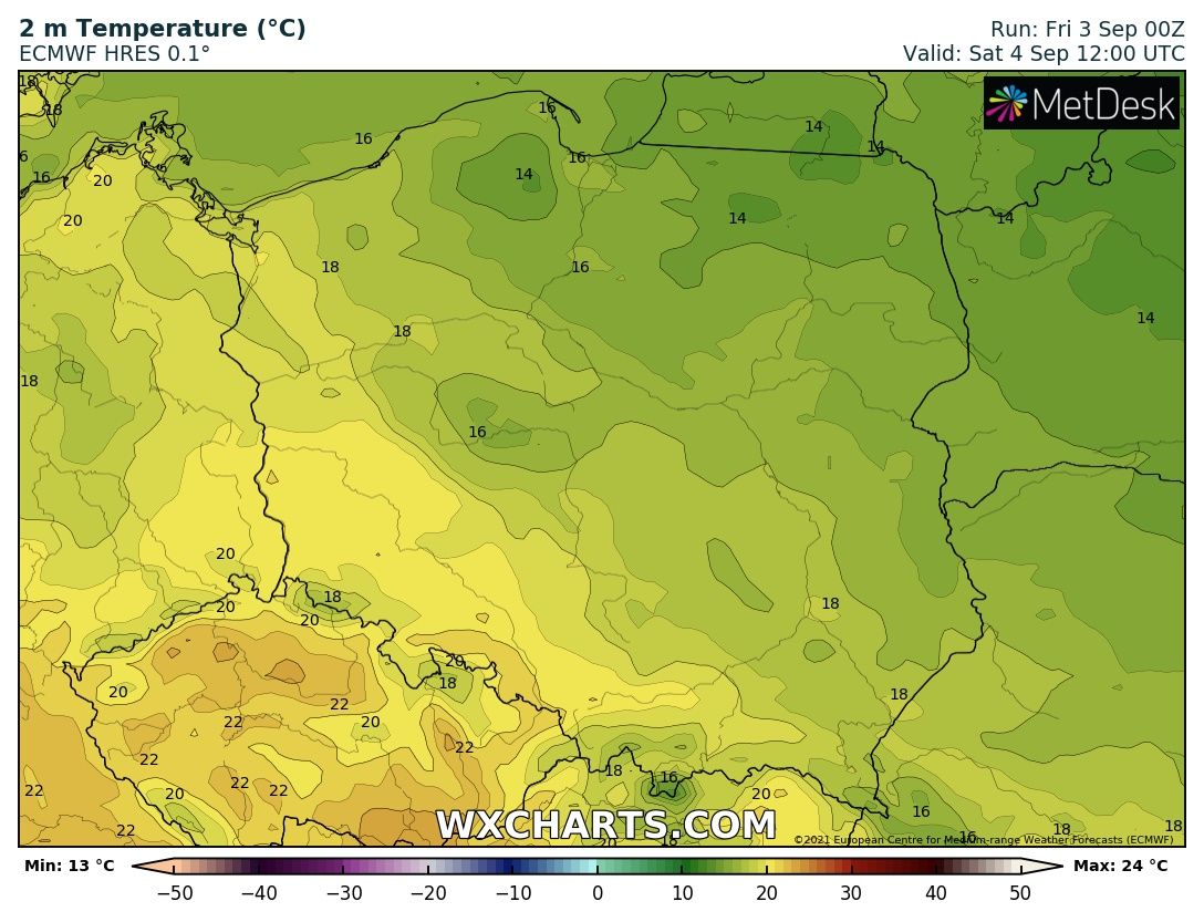 Prognozowana temperatura maksymalna w sobotę, 4 września 2021 r. Model: ECMWF