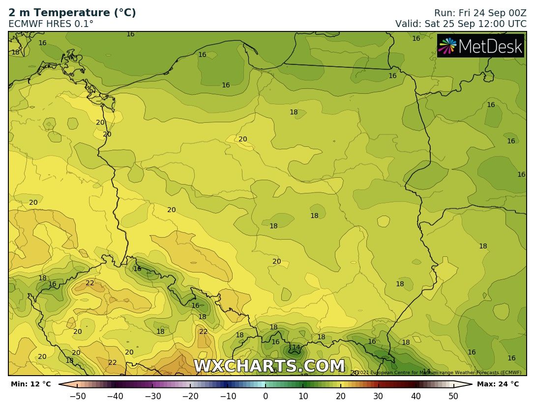 Prognozowana temperatura maksymalna w sobotę, 25 września 2021 r. Model: ECMWF