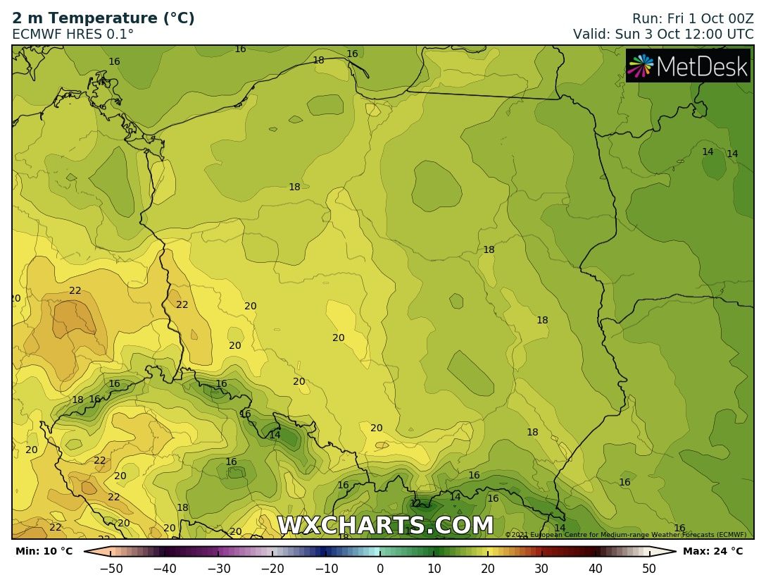 Prognozowana temperatura maksymalna w niedzielę, 3 października 2021 r. Model: ECMWF